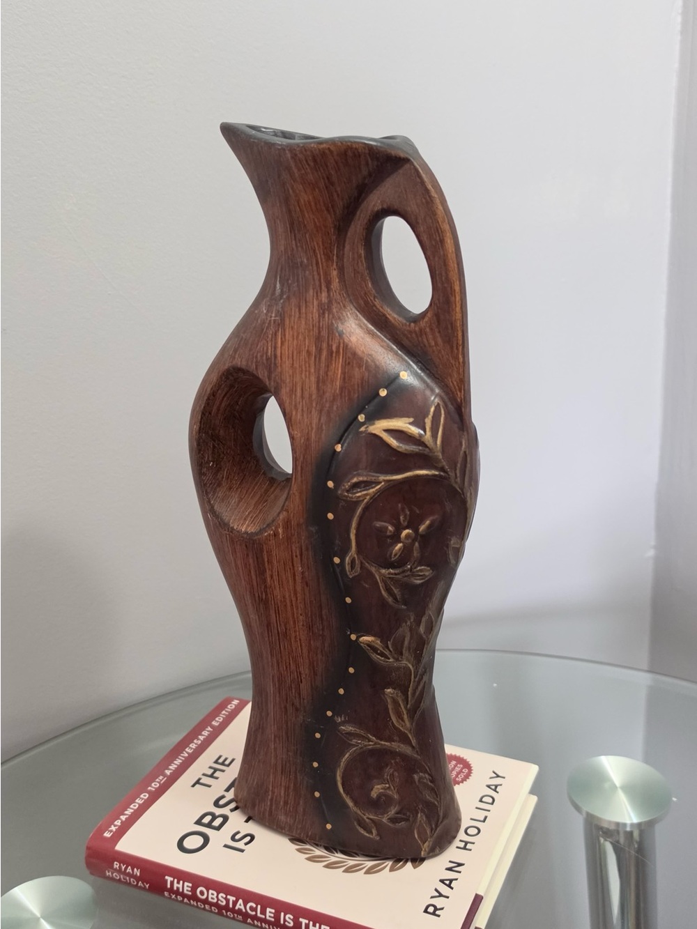 Decorative Brown Wood-Carved Accent Vase